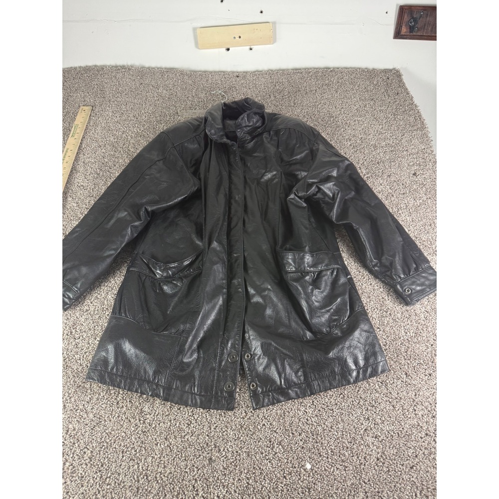 Jacqueline Ferrar Black Leather Jacket Women Medium Mid Length Car Coat Pleated